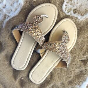Olivia Miller Slip-on Metallic Bling Beaded Thong Sandals NWOB